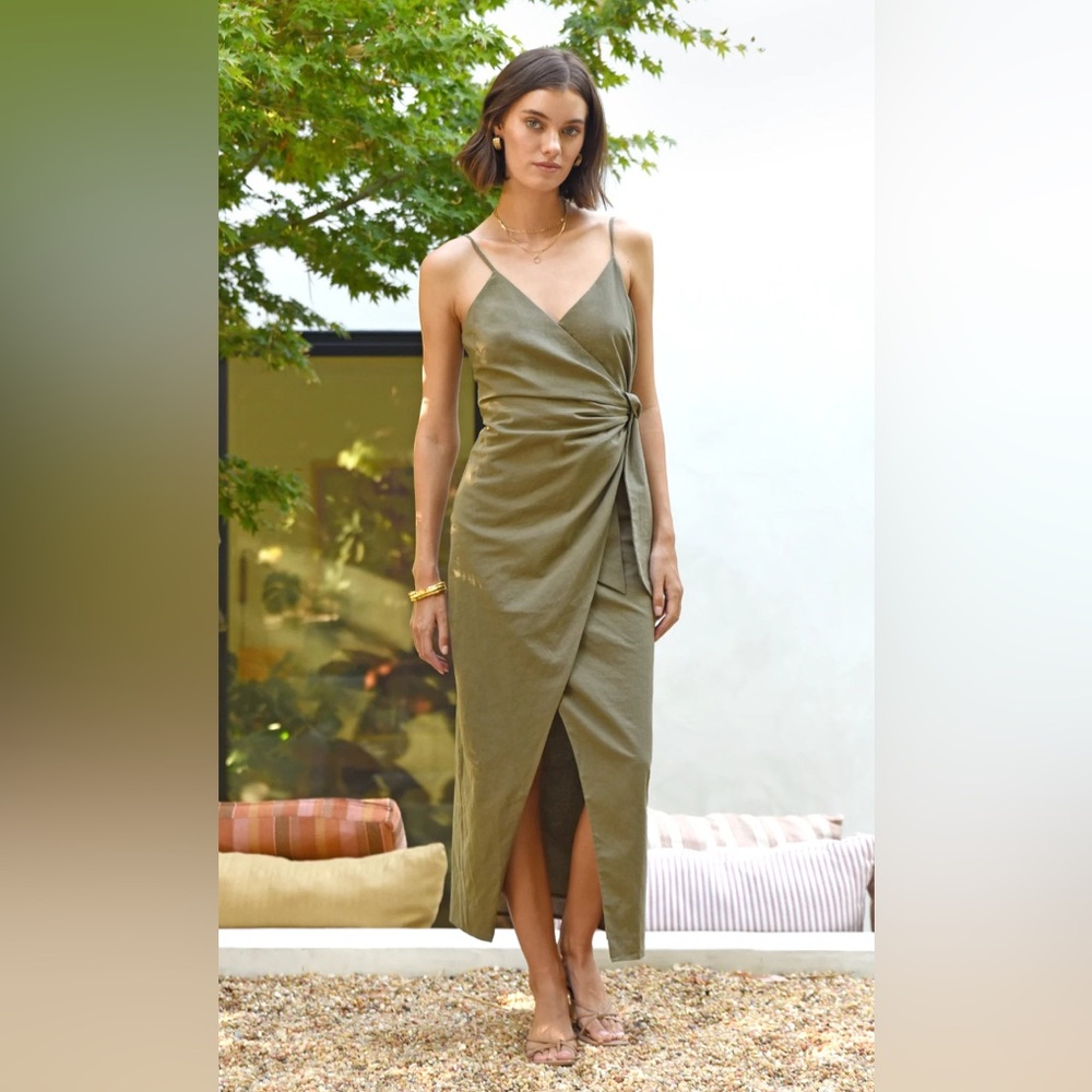 NEW GREYLIN Aniston wrap tie linen dress in deep olive